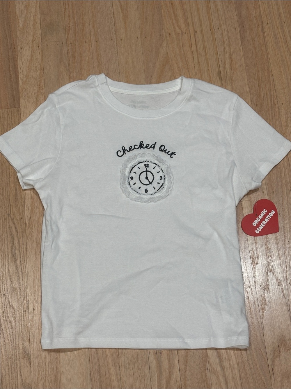 NWT Organic Generation "Checked Out" lace lined clock White Graphic Tee- M